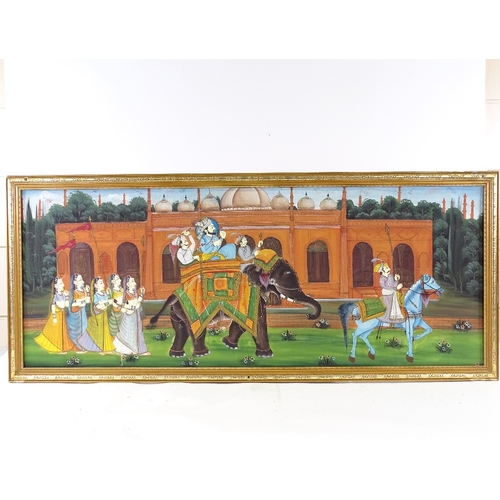 2314 - Mughal painting on linen, a tiger hunt, and 2 other Indian/Mughal paintings, framed (3)