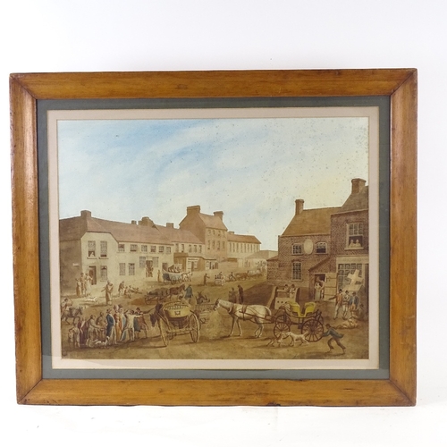 2318 - 19th century watercolour, a busy coaching street scene, unsigned, 18