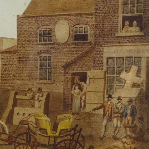 2318 - 19th century watercolour, a busy coaching street scene, unsigned, 18