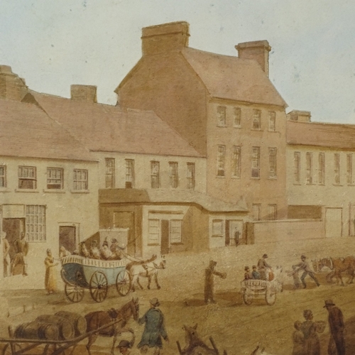 2318 - 19th century watercolour, a busy coaching street scene, unsigned, 18