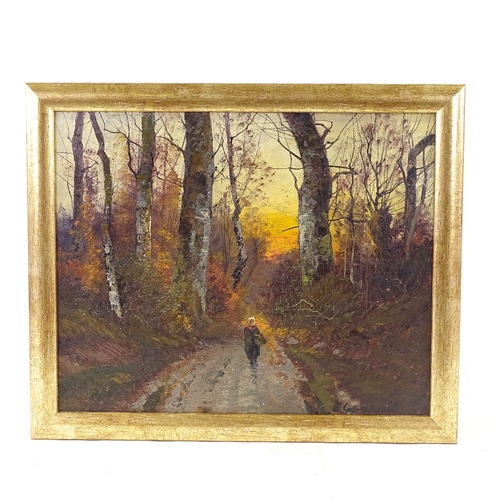 2321 - Oil on board, woman on a woodland road, indistinctly signed, 15