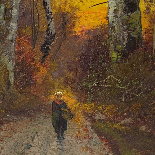 2321 - Oil on board, woman on a woodland road, indistinctly signed, 15