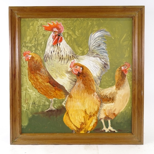 2329 - Clive Fredriksson, oil on board, cockerels, framed, overall frame size 26