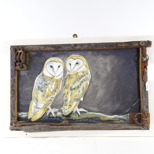 2331 - Clive Fredriksson, oil on board, 2 owls in rustic metal and wood frame, overall dimensions 21