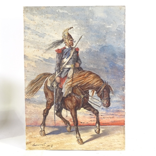 2335 - French School, 19th century watercolour, soldier on horseback, indistinctly signed, dated 1871, 20