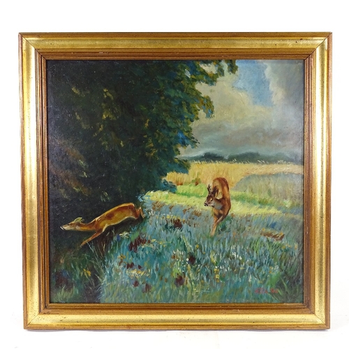 2336 - Hebein, oil on board, deer at the edge of a field, signed and dated 1946, 16.5