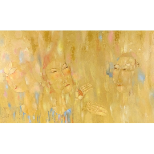 2338 - Large oil on canvas, abstract figures, indistinct inscription on reverse, 28