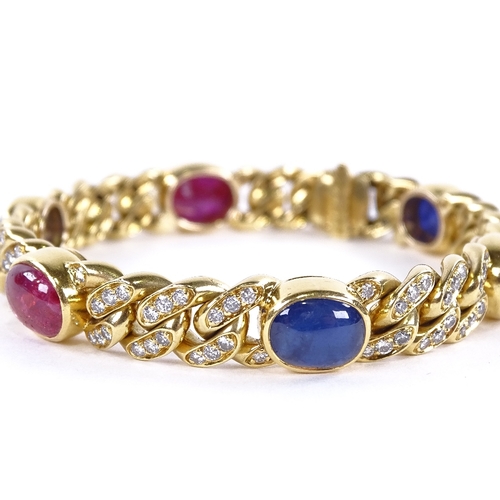 1114 - A sapphire ruby and diamond Cuban link bracelet, set at alternates with cabochon-cut sapphires and r... 