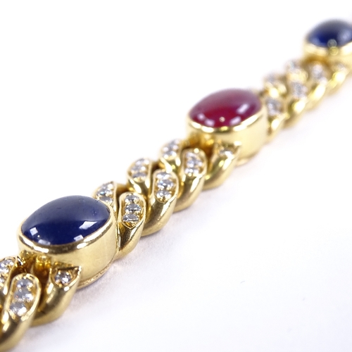 1114 - A sapphire ruby and diamond Cuban link bracelet, set at alternates with cabochon-cut sapphires and r... 