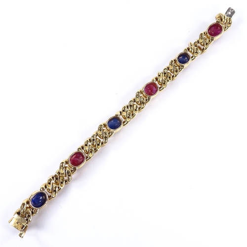 1114 - A sapphire ruby and diamond Cuban link bracelet, set at alternates with cabochon-cut sapphires and r... 