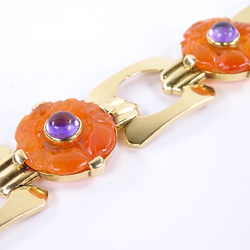 1119 - A French Art Deco style carnelian and amethyst bracelet, geometric form with carved and pierced carn... 