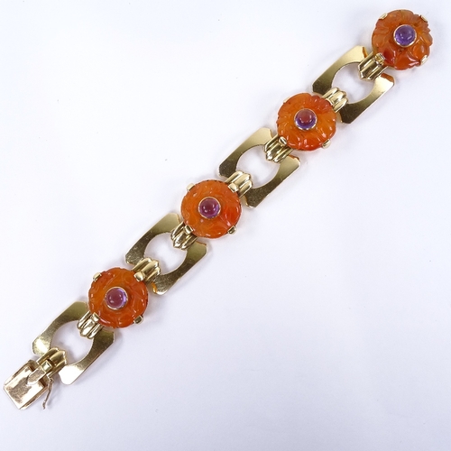 1119 - A French Art Deco style carnelian and amethyst bracelet, geometric form with carved and pierced carn... 