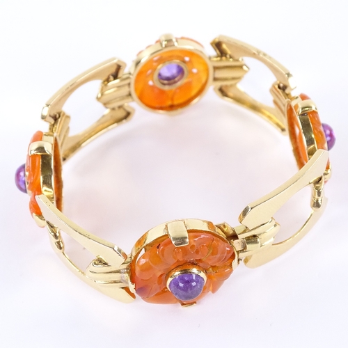 1119 - A French Art Deco style carnelian and amethyst bracelet, geometric form with carved and pierced carn... 