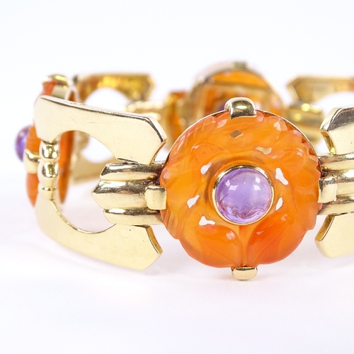 1119 - A French Art Deco style carnelian and amethyst bracelet, geometric form with carved and pierced carn... 