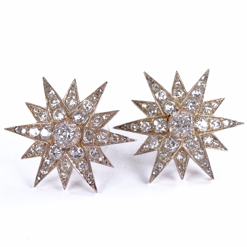 1121 - A pair of Victorian diamond starburst stud earrings, set with old and rose-cut diamonds, total diamo... 