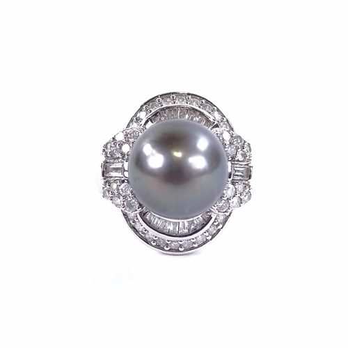 1126 - A grey Tahitian cultured pearl and diamond cluster cocktail ring, Art Deco style set with whole pear... 