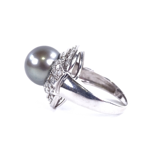 1126 - A grey Tahitian cultured pearl and diamond cluster cocktail ring, Art Deco style set with whole pear... 