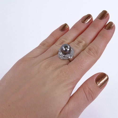 1126 - A grey Tahitian cultured pearl and diamond cluster cocktail ring, Art Deco style set with whole pear... 