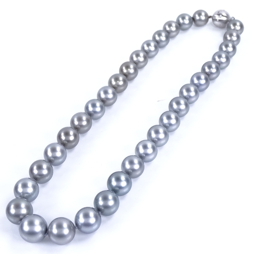 1127 - A single-row grey cultured South Sea pearl and diamond necklace, comprising a graduated row of 33 gr... 