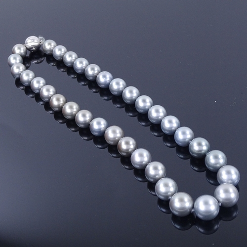 1127 - A single-row grey cultured South Sea pearl and diamond necklace, comprising a graduated row of 33 gr... 