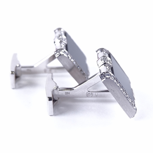 1132 - A pair of Art Deco style 18ct white gold onyx and diamond cluster cufflinks, geometric form, set wit... 