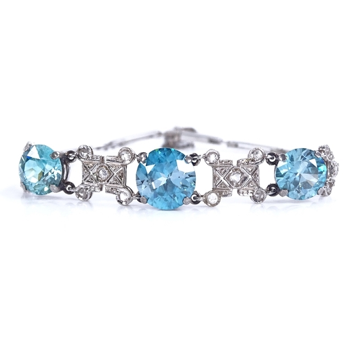 1136 - An 18ct white gold blue zircon and rose-cut diamond bracelet, Art Deco geometric form, set with grad... 