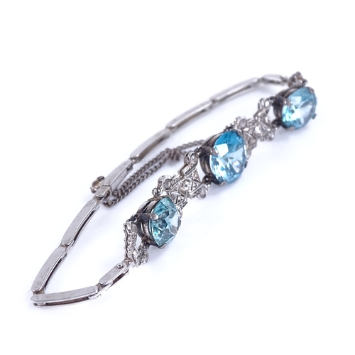 1136 - An 18ct white gold blue zircon and rose-cut diamond bracelet, Art Deco geometric form, set with grad... 