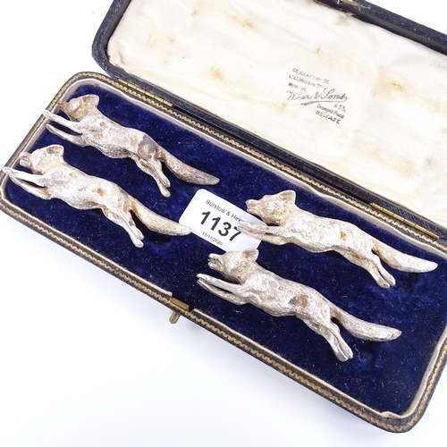 1137 - A set of 4 George V cast-silver fox knife rests, each realistically formed as a running fox, by Will... 