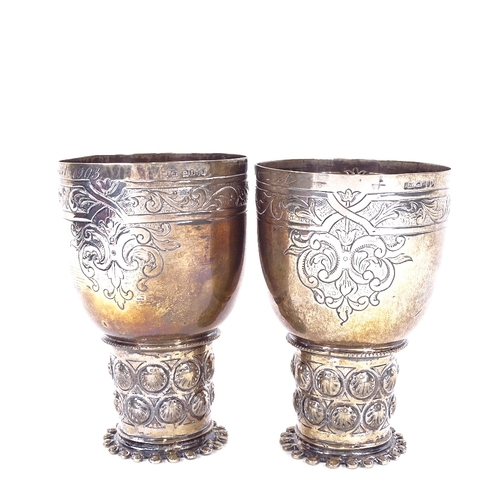 1143 - A pair of 19th century German silver double marriage wedding cups, Hanau, cylindrical form with cyli... 