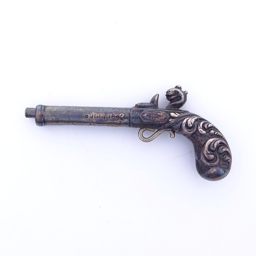 1154 - An early Victorian novelty silver propelling pencil in the form of a flintlock pistol, barrel inscri... 