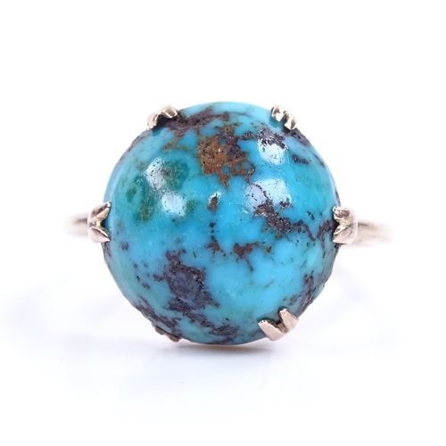 1157 - An early 20th century 9ct gold cabochon turquoise matrix ring, setting height 13.6mm, turquoise dept... 