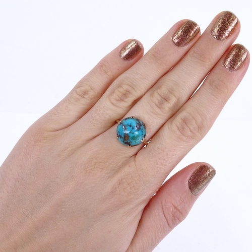 1157 - An early 20th century 9ct gold cabochon turquoise matrix ring, setting height 13.6mm, turquoise dept... 