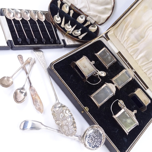 1621 - Various silver, including Elkington & Co 6-piece cruet set, Victorian berry spoon and sifter spoon e... 