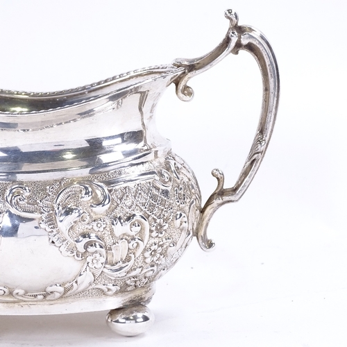 1626 - A late Victorian silver 2-handled sugar bowl, relief embossed foliate and lattice decoration, on bun... 