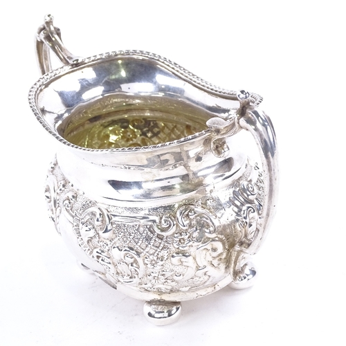 1626 - A late Victorian silver 2-handled sugar bowl, relief embossed foliate and lattice decoration, on bun... 