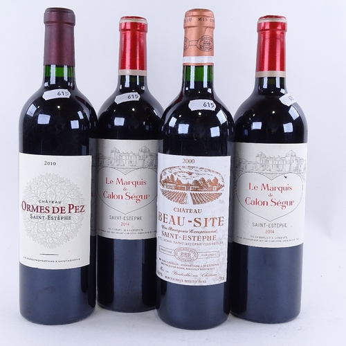 615 - 4 bottles of red Bordeaux / Saint-Estephe wine, 2x 2014 Le Marquis de Calon Segur, 2000 Chateau Beau... 