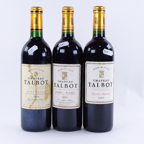 618 - 3 bottles of red Bordeaux wine, Chateau Talbot, 4th Growth Grand Cru Classe, vintages 1989 / 2004 / ... 