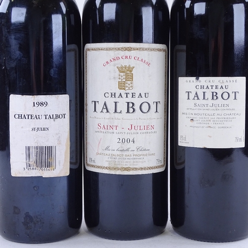 618 - 3 bottles of red Bordeaux wine, Chateau Talbot, 4th Growth Grand Cru Classe, vintages 1989 / 2004 / ... 