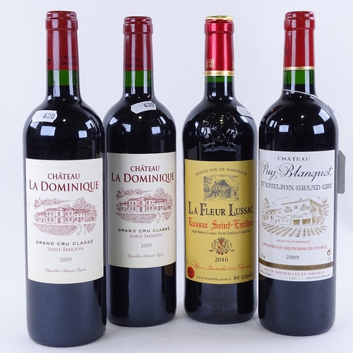 620 - 4 Bottles of red Bordeaux / Saint-Emilion wine, 2 x Chateau La Dominique 2009, Chateau Puy-Blanquet ... 