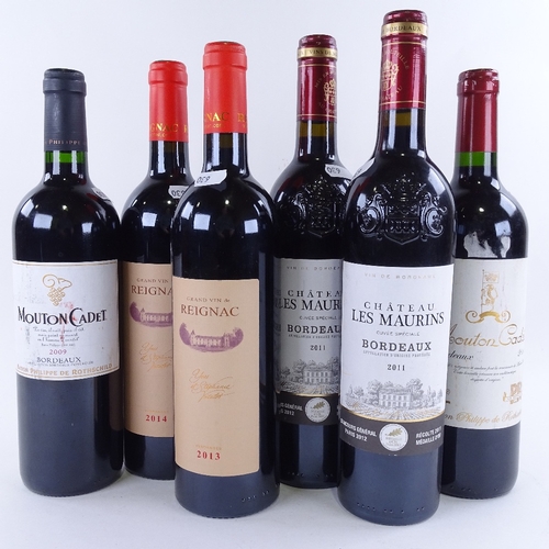 630 - 6 bottles of red Bordeaux wine, Mouton Cadet 2009/11, 2x Grand Vin de Reignac 2014, 2 x Chateau Les ... 