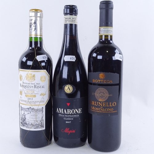 634 - 3 bottles of Italian and Spanish red wine, 2007 Amarone, Allegrini, 2012 Brunello 