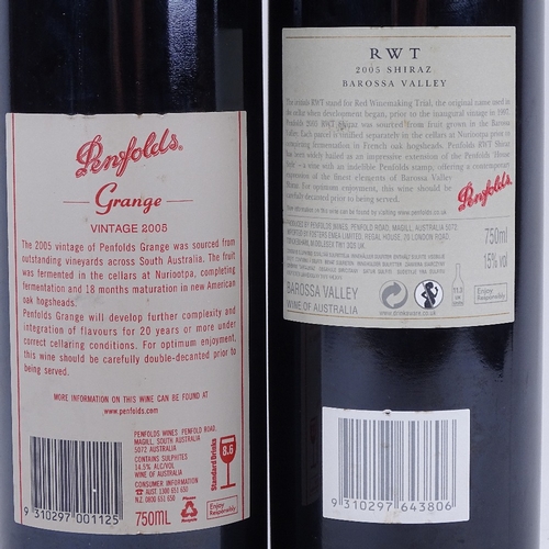 637 - 2 bottles of Australian red wine by Penfolds, 2005 Penfolds Grange Bin 95, bottle No. 77790, 2005 RW... 