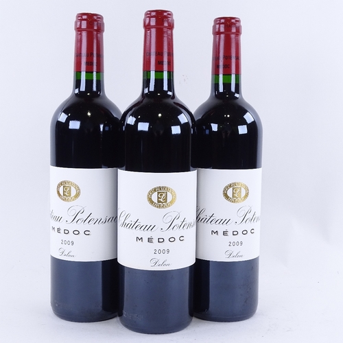 638 - 3 bottles of red Bordeaux wine, 2009 Chateau Potensac, Medoc, 75cl