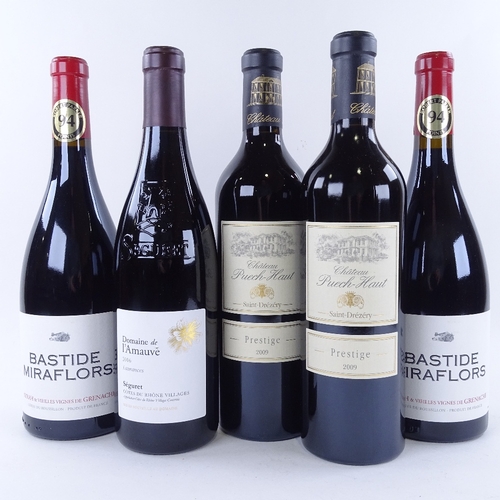 645 - 5 bottles of red wine from the southern Rhone and Languedoc, 2 x 2009 Chateau Puech-Haut, Cuvee Pres... 