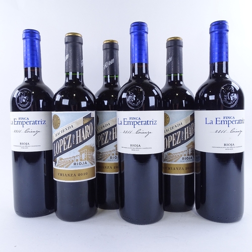 655 - 6 bottles of Rioja wine, 3 x 2010 Lopez de Haro, Crianza, 3 x 2011 Finca la Emperatriz, Crianza, 75c... 