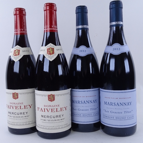 660 - 4 bottles of red Burgundy wine, 2 x 2012 Faiveley, Mercurey, Premier Cru Clos du Roy, 2 x 2012 Bruno... 