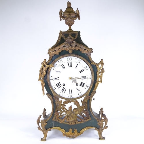 1070 - A large 19th century French green painted wood and brass 8-day mantel clock, white enamel dial with ... 