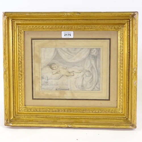 2175 - Richard Cosway, early 19th century pencil and watercolour, study of a child laying on a bed, unsigne... 