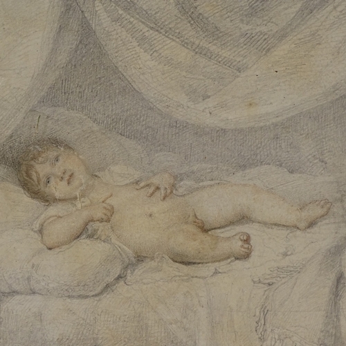 2175 - Richard Cosway, early 19th century pencil and watercolour, study of a child laying on a bed, unsigne... 