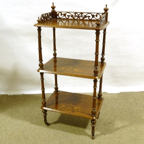 200 - A Victorian walnut and marquetry inlaid 3-tier whatnot, width 52cm